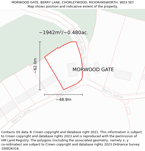 MORWOOD GATE, BERRY LANE, CHORLEYWOOD, RICKMANSWORTH, WD3 5EY: Plot and title map