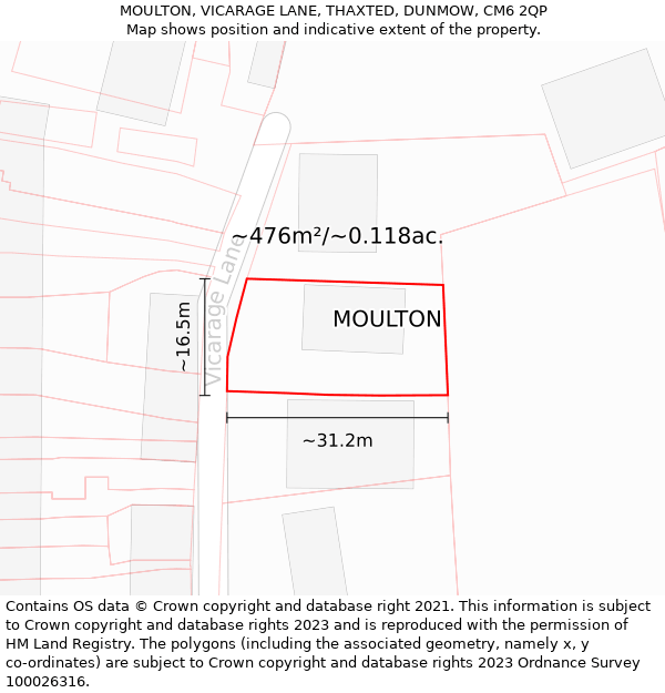 MOULTON, VICARAGE LANE, THAXTED, DUNMOW, CM6 2QP: Plot and title map