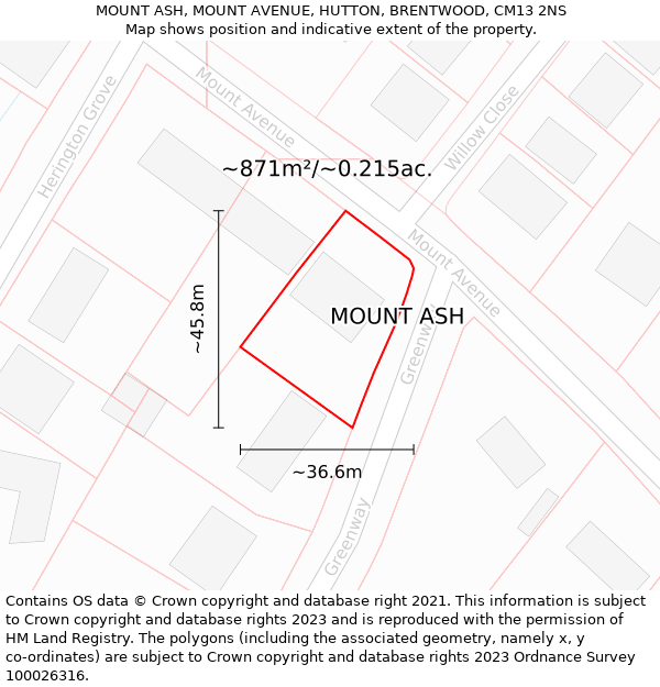 MOUNT ASH, MOUNT AVENUE, HUTTON, BRENTWOOD, CM13 2NS: Plot and title map