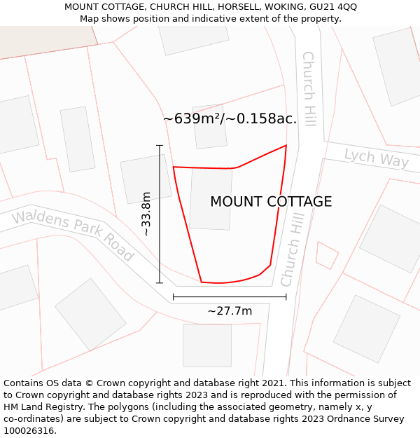 MOUNT COTTAGE, CHURCH HILL, HORSELL, WOKING, GU21 4QQ: Plot and title map