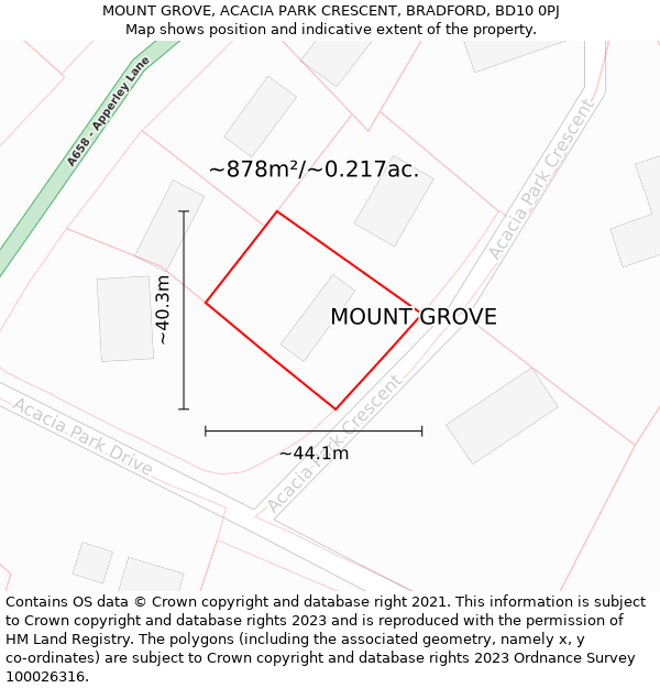 MOUNT GROVE, ACACIA PARK CRESCENT, BRADFORD, BD10 0PJ: Plot and title map