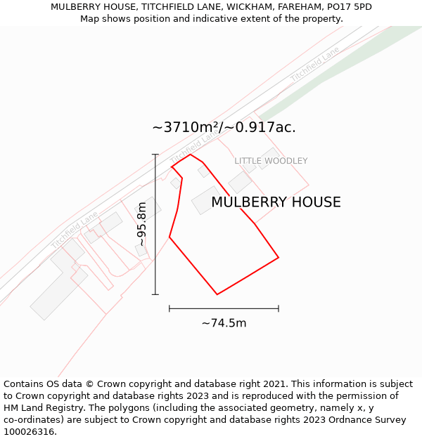 MULBERRY HOUSE, TITCHFIELD LANE, WICKHAM, FAREHAM, PO17 5PD: Plot and title map