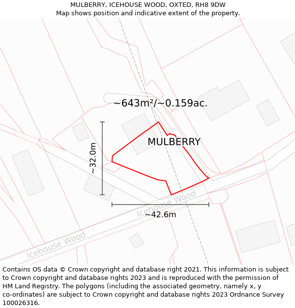 MULBERRY, ICEHOUSE WOOD, OXTED, RH8 9DW: Plot and title map