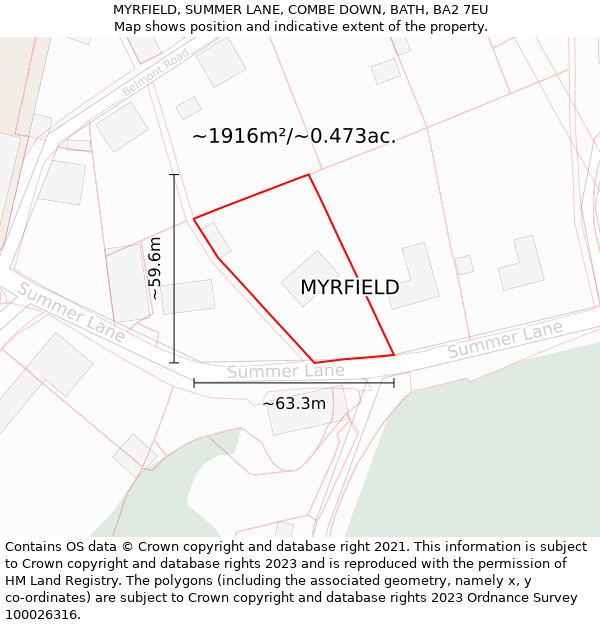 MYRFIELD, SUMMER LANE, COMBE DOWN, BATH, BA2 7EU: Plot and title map