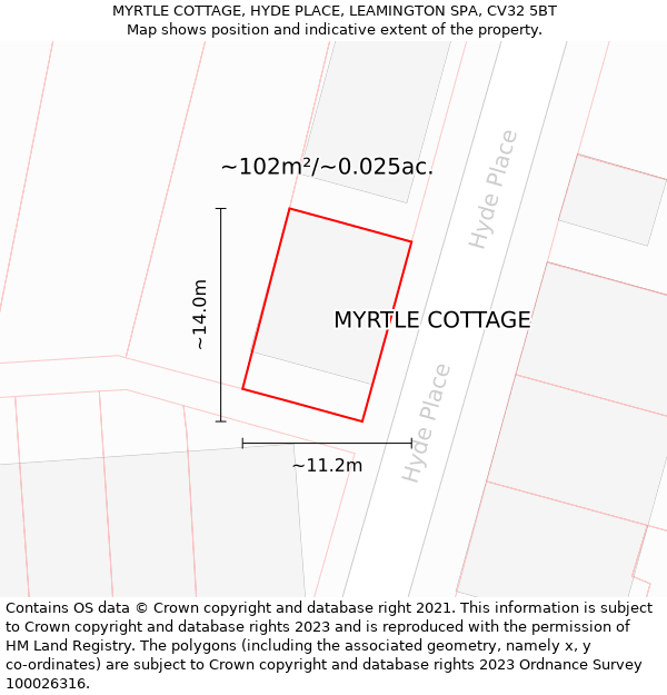 MYRTLE COTTAGE, HYDE PLACE, LEAMINGTON SPA, CV32 5BT: Plot and title map