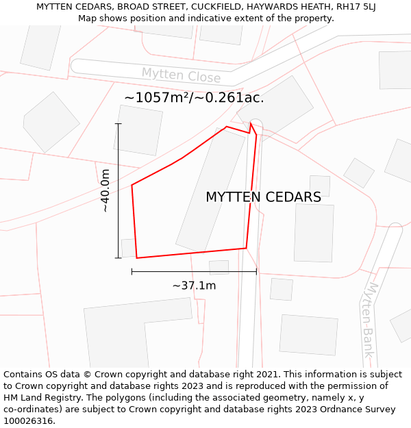 MYTTEN CEDARS, BROAD STREET, CUCKFIELD, HAYWARDS HEATH, RH17 5LJ: Plot and title map