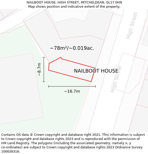 NAILBOOT HOUSE, HIGH STREET, MITCHELDEAN, GL17 0HN: Plot and title map