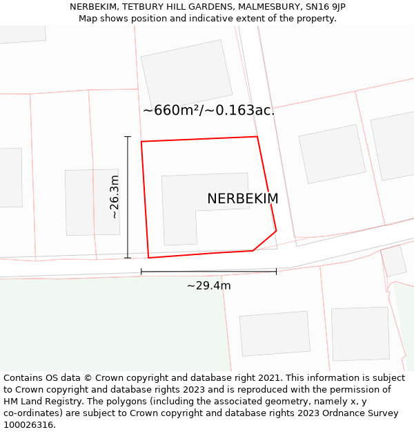 NERBEKIM, TETBURY HILL GARDENS, MALMESBURY, SN16 9JP: Plot and title map