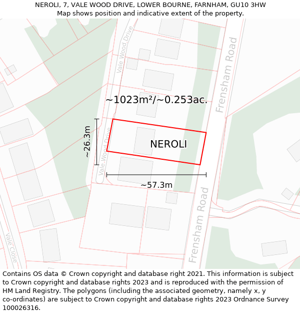 NEROLI, 7, VALE WOOD DRIVE, LOWER BOURNE, FARNHAM, GU10 3HW: Plot and title map