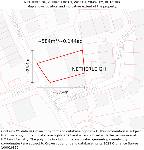 NETHERLEIGH, CHURCH ROAD, WORTH, CRAWLEY, RH10 7RP: Plot and title map