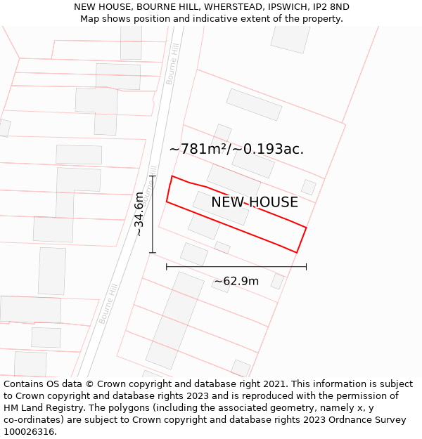 NEW HOUSE, BOURNE HILL, WHERSTEAD, IPSWICH, IP2 8ND: Plot and title map