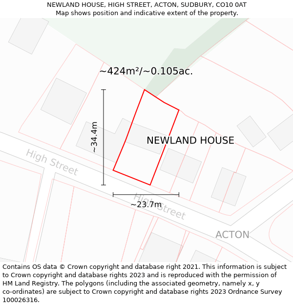 NEWLAND HOUSE, HIGH STREET, ACTON, SUDBURY, CO10 0AT: Plot and title map
