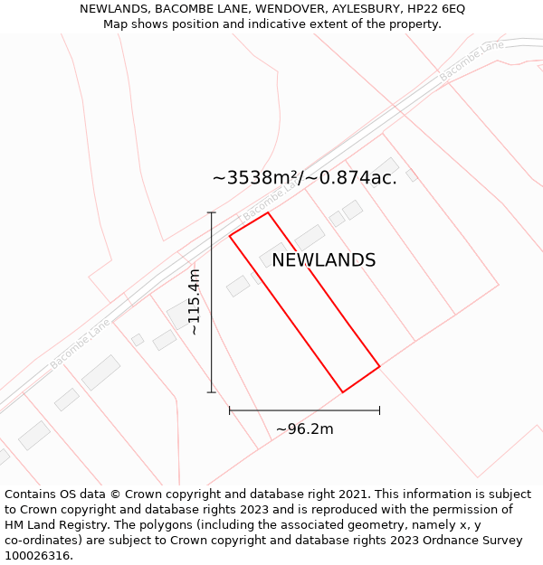 NEWLANDS, BACOMBE LANE, WENDOVER, AYLESBURY, HP22 6EQ: Plot and title map
