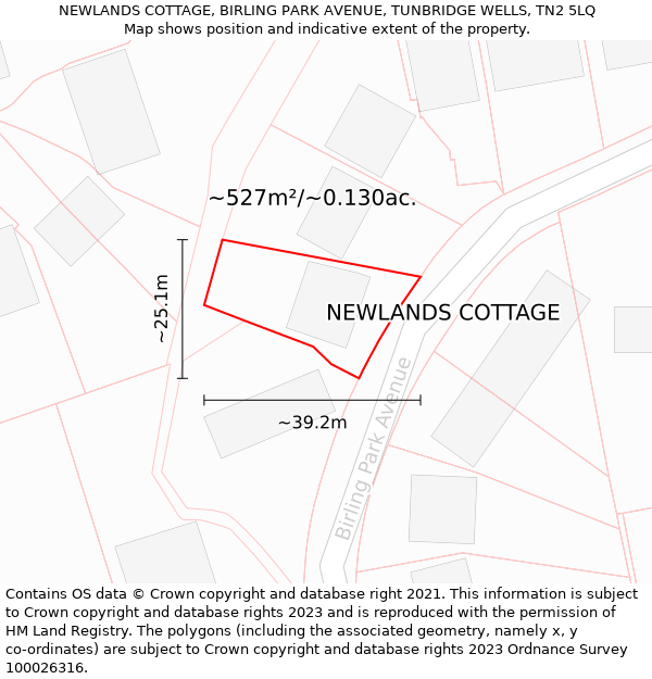 NEWLANDS COTTAGE, BIRLING PARK AVENUE, TUNBRIDGE WELLS, TN2 5LQ: Plot and title map