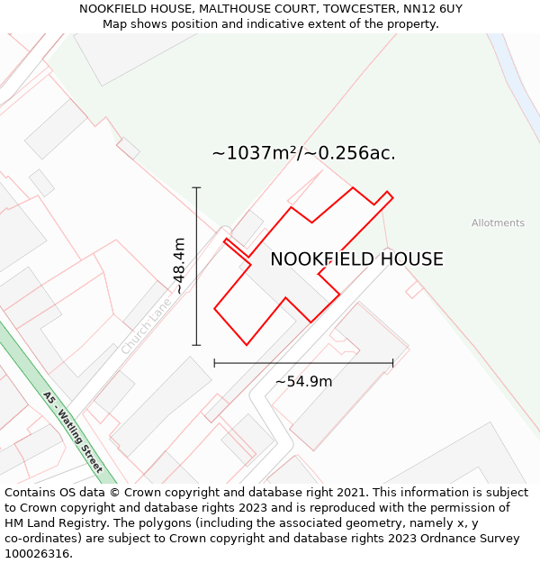 NOOKFIELD HOUSE, MALTHOUSE COURT, TOWCESTER, NN12 6UY: Plot and title map