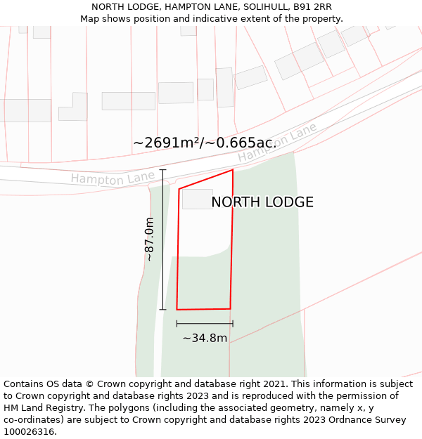 NORTH LODGE, HAMPTON LANE, SOLIHULL, B91 2RR: Plot and title map