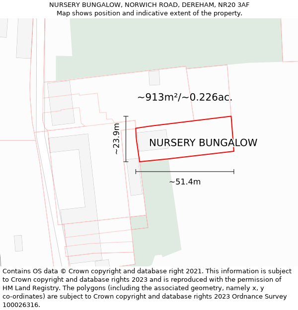 NURSERY BUNGALOW, NORWICH ROAD, DEREHAM, NR20 3AF: Plot and title map