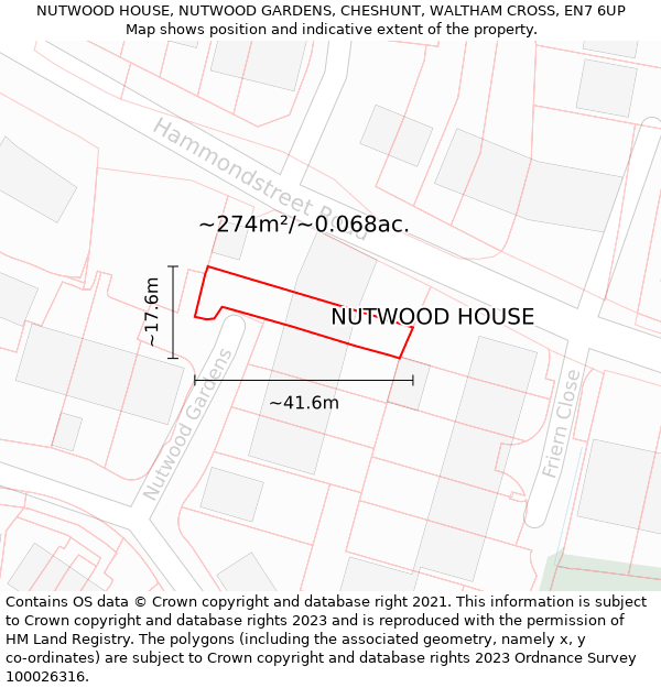NUTWOOD HOUSE, NUTWOOD GARDENS, CHESHUNT, WALTHAM CROSS, EN7 6UP: Plot and title map