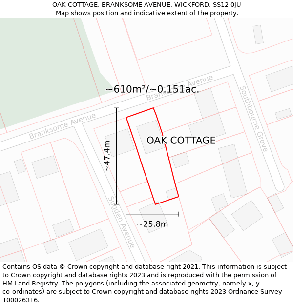 OAK COTTAGE, BRANKSOME AVENUE, WICKFORD, SS12 0JU: Plot and title map