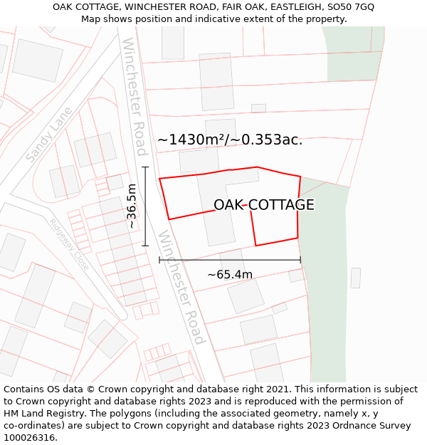 OAK COTTAGE, WINCHESTER ROAD, FAIR OAK, EASTLEIGH, SO50 7GQ: Plot and title map