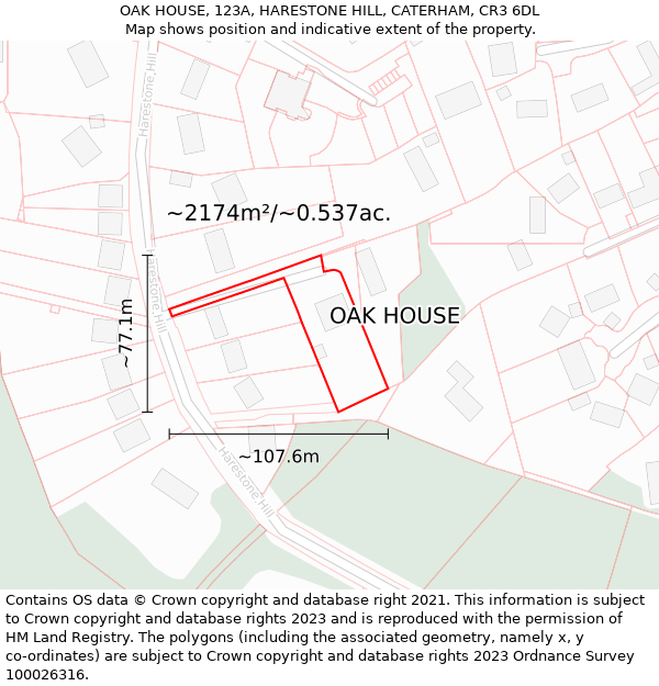 OAK HOUSE, 123A, HARESTONE HILL, CATERHAM, CR3 6DL: Plot and title map