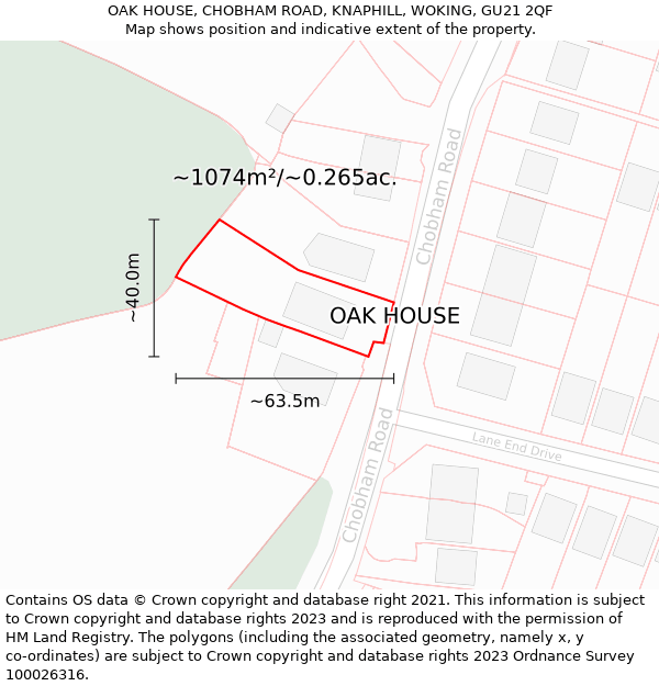 OAK HOUSE, CHOBHAM ROAD, KNAPHILL, WOKING, GU21 2QF: Plot and title map