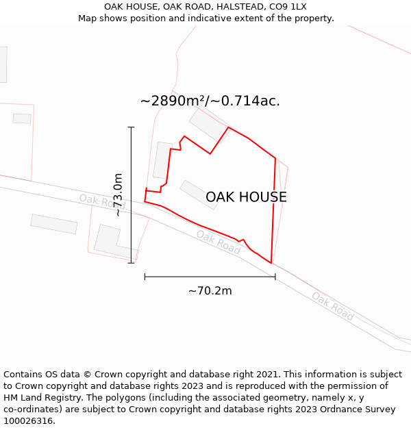 OAK HOUSE, OAK ROAD, HALSTEAD, CO9 1LX: Plot and title map