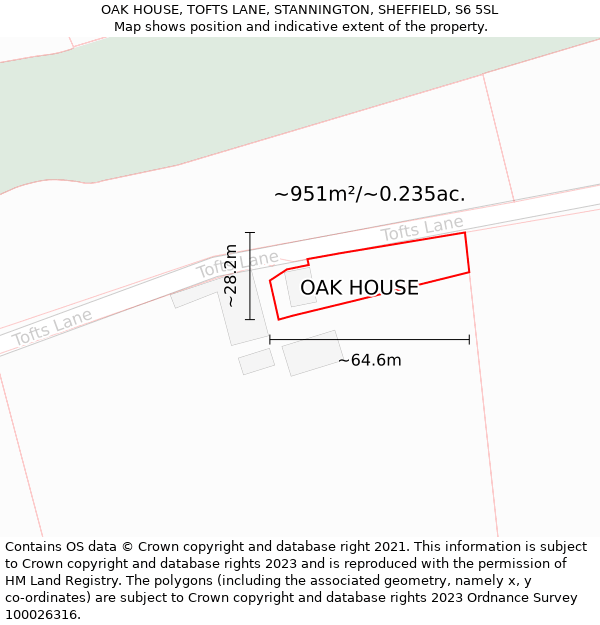 OAK HOUSE, TOFTS LANE, STANNINGTON, SHEFFIELD, S6 5SL: Plot and title map