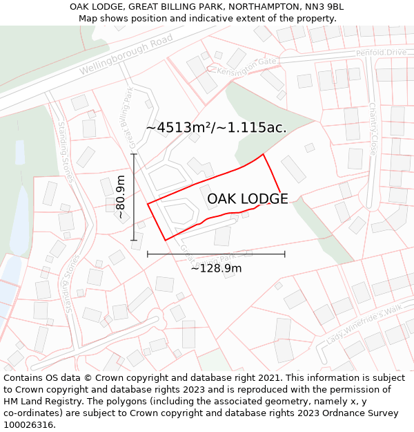 OAK LODGE, GREAT BILLING PARK, NORTHAMPTON, NN3 9BL: Plot and title map
