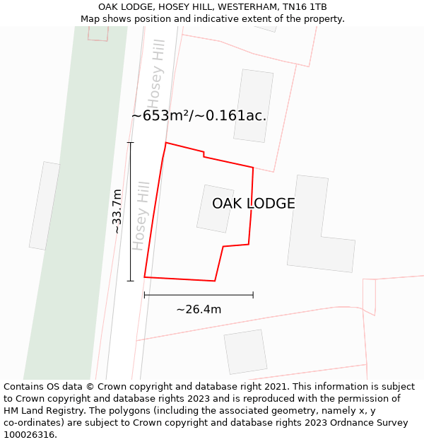 OAK LODGE, HOSEY HILL, WESTERHAM, TN16 1TB: Plot and title map