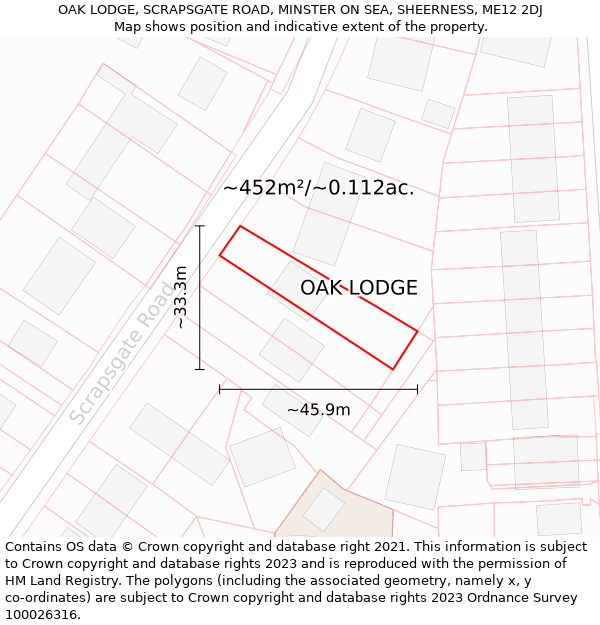 OAK LODGE, SCRAPSGATE ROAD, MINSTER ON SEA, SHEERNESS, ME12 2DJ: Plot and title map