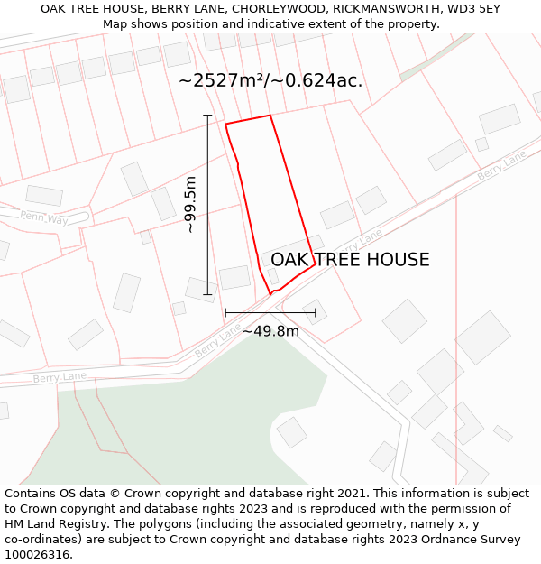 OAK TREE HOUSE, BERRY LANE, CHORLEYWOOD, RICKMANSWORTH, WD3 5EY: Plot and title map