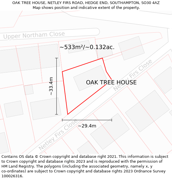 OAK TREE HOUSE, NETLEY FIRS ROAD, HEDGE END, SOUTHAMPTON, SO30 4AZ: Plot and title map