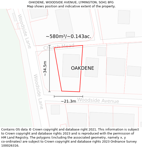 OAKDENE, WOODSIDE AVENUE, LYMINGTON, SO41 8FG: Plot and title map