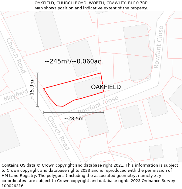 OAKFIELD, CHURCH ROAD, WORTH, CRAWLEY, RH10 7RP: Plot and title map