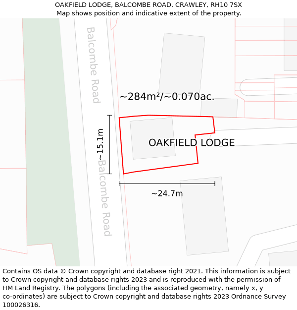 OAKFIELD LODGE, BALCOMBE ROAD, CRAWLEY, RH10 7SX: Plot and title map