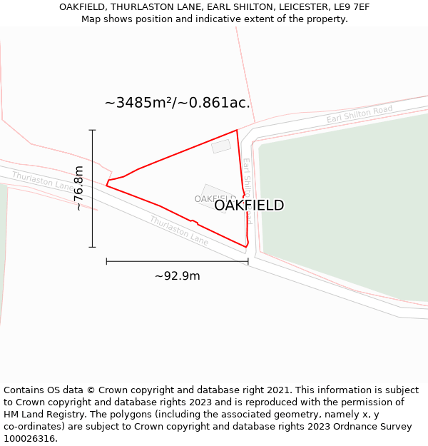 OAKFIELD, THURLASTON LANE, EARL SHILTON, LEICESTER, LE9 7EF: Plot and title map