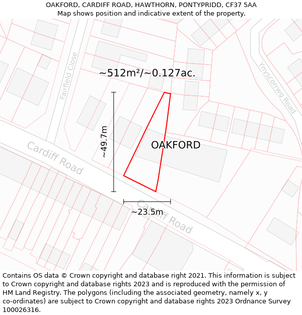 OAKFORD, CARDIFF ROAD, HAWTHORN, PONTYPRIDD, CF37 5AA: Plot and title map