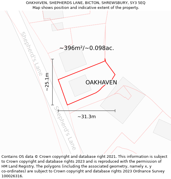 OAKHAVEN, SHEPHERDS LANE, BICTON, SHREWSBURY, SY3 5EQ: Plot and title map