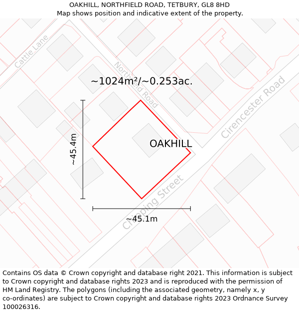 OAKHILL, NORTHFIELD ROAD, TETBURY, GL8 8HD: Plot and title map