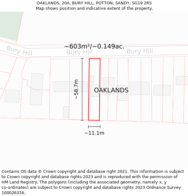 OAKLANDS, 20A, BURY HILL, POTTON, SANDY, SG19 2RS: Plot and title map