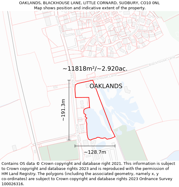 OAKLANDS, BLACKHOUSE LANE, LITTLE CORNARD, SUDBURY, CO10 0NL: Plot and title map