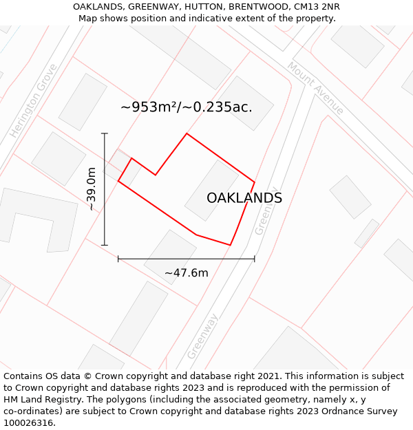 OAKLANDS, GREENWAY, HUTTON, BRENTWOOD, CM13 2NR: Plot and title map