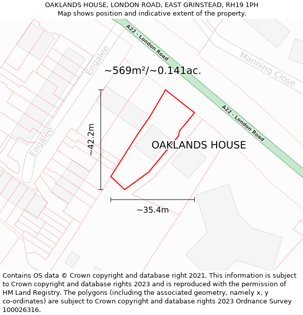 OAKLANDS HOUSE, LONDON ROAD, EAST GRINSTEAD, RH19 1PH: Plot and title map