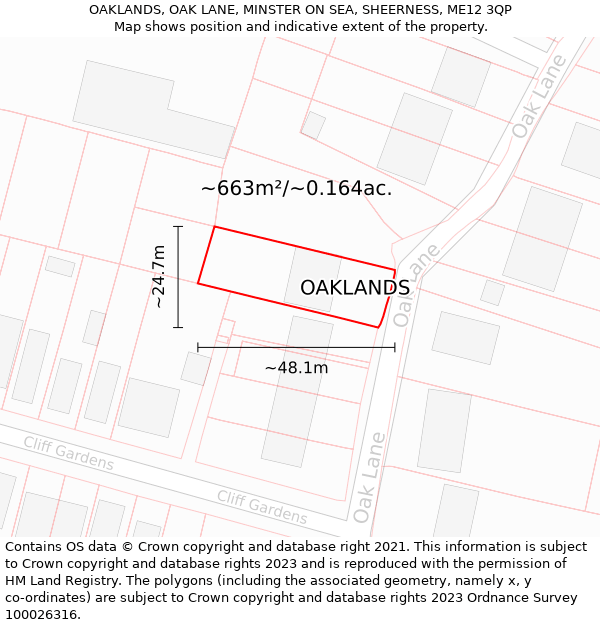 OAKLANDS, OAK LANE, MINSTER ON SEA, SHEERNESS, ME12 3QP: Plot and title map