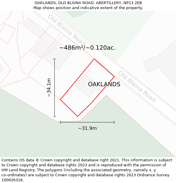 OAKLANDS, OLD BLAINA ROAD, ABERTILLERY, NP13 2EB: Plot and title map