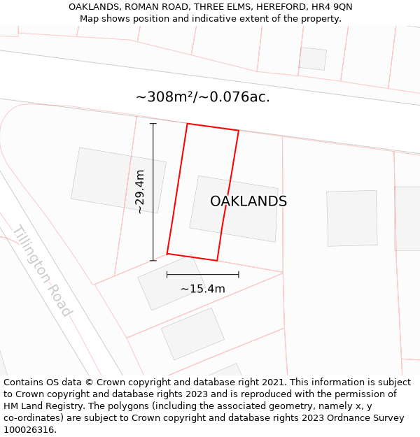 OAKLANDS, ROMAN ROAD, THREE ELMS, HEREFORD, HR4 9QN: Plot and title map