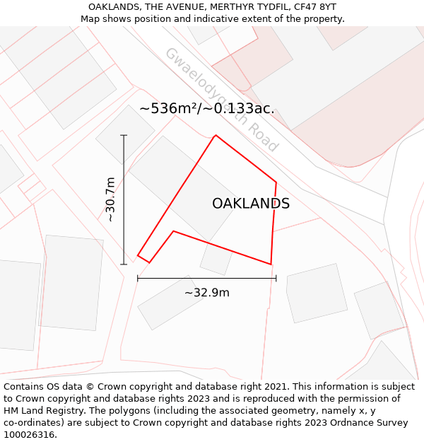 OAKLANDS, THE AVENUE, MERTHYR TYDFIL, CF47 8YT: Plot and title map