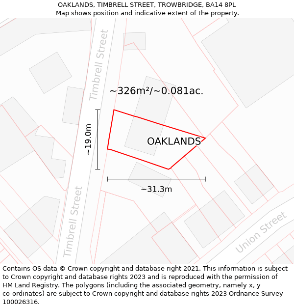 OAKLANDS, TIMBRELL STREET, TROWBRIDGE, BA14 8PL: Plot and title map