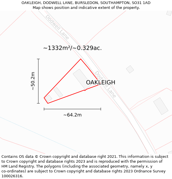 OAKLEIGH, DODWELL LANE, BURSLEDON, SOUTHAMPTON, SO31 1AD: Plot and title map